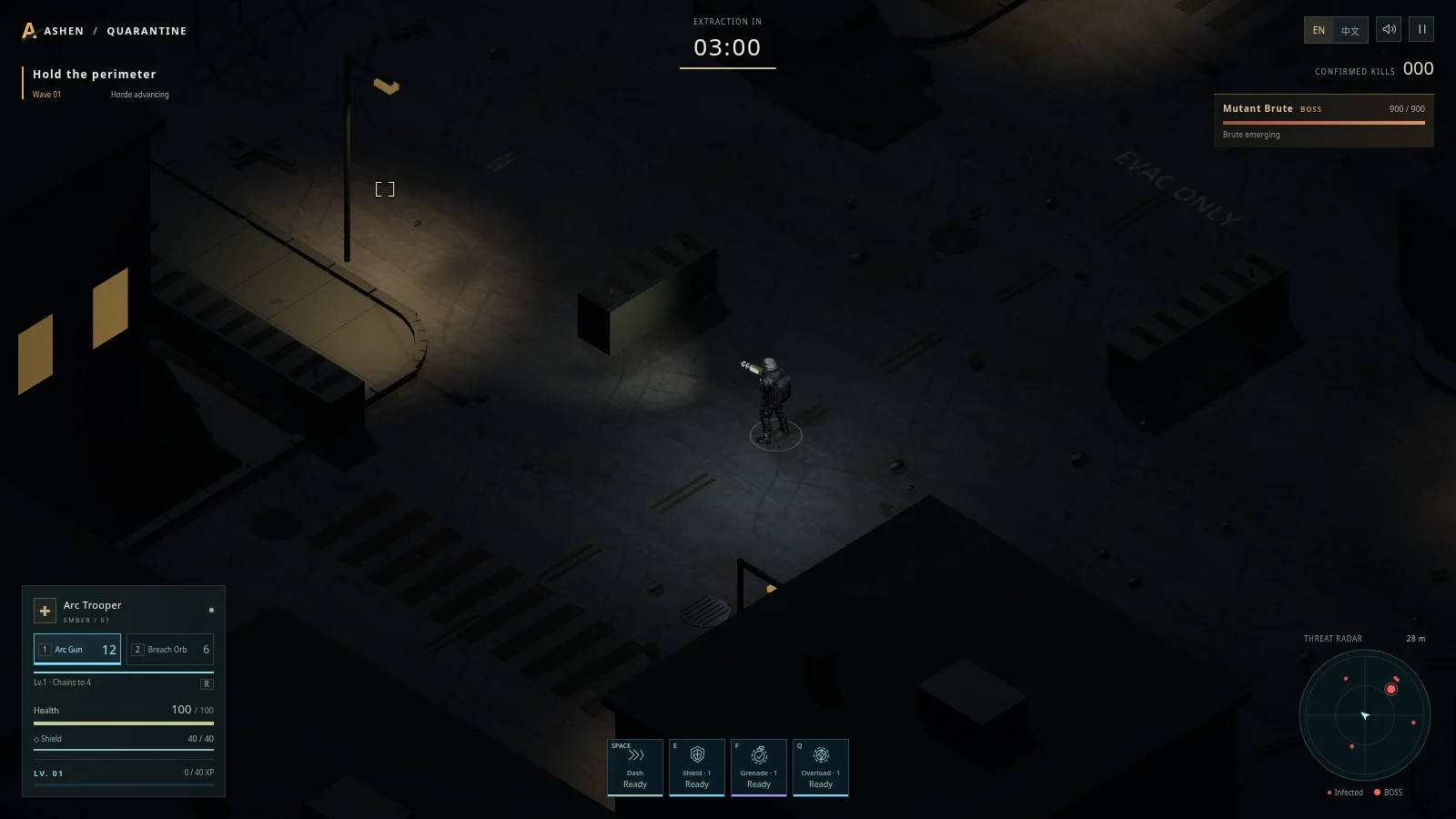 Ashen Quarantine — browser combat in Grayharbor with the extraction timer and combat interface